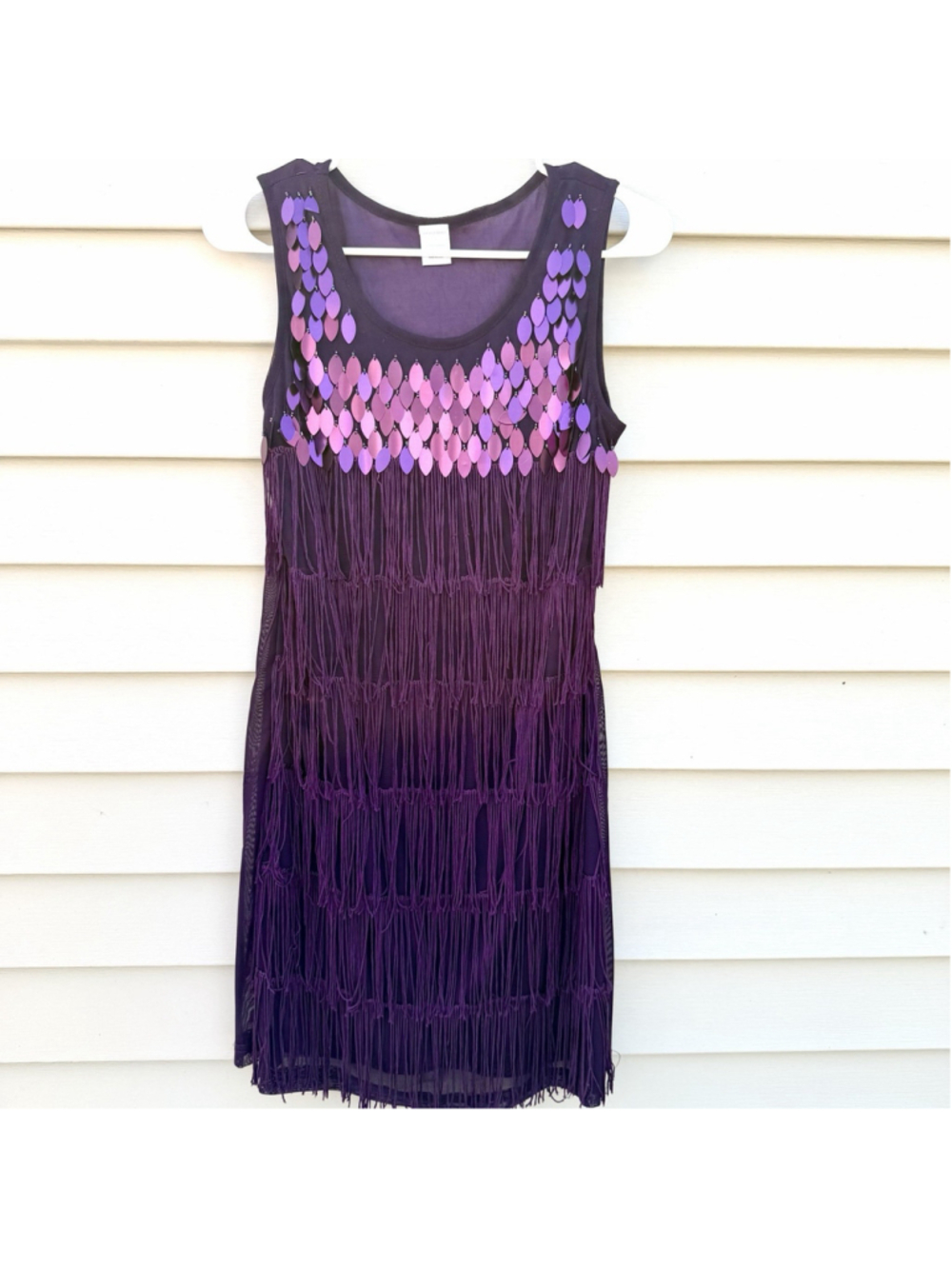 Sequin Fringe Flapper Dress Womens S Purple Sleeveless Tiered Boho Festival Y2K